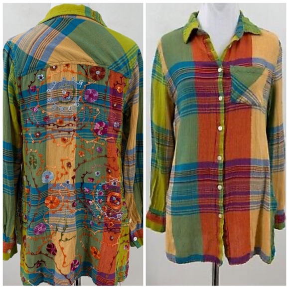 Soft Surroundings Tops - Soft Surroundings Plaid Embroidered Shirt Womens SP Button Up Floral Blouse